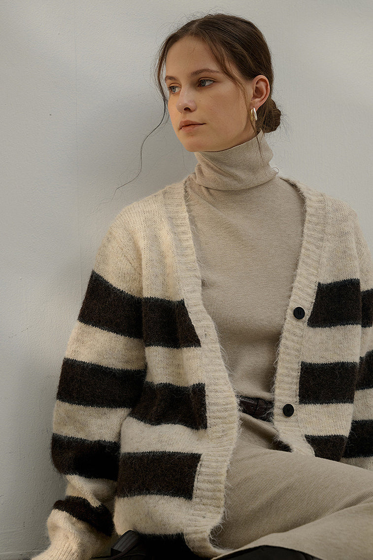 Oversized Stripe Color Block V Neck Knit Cardigan