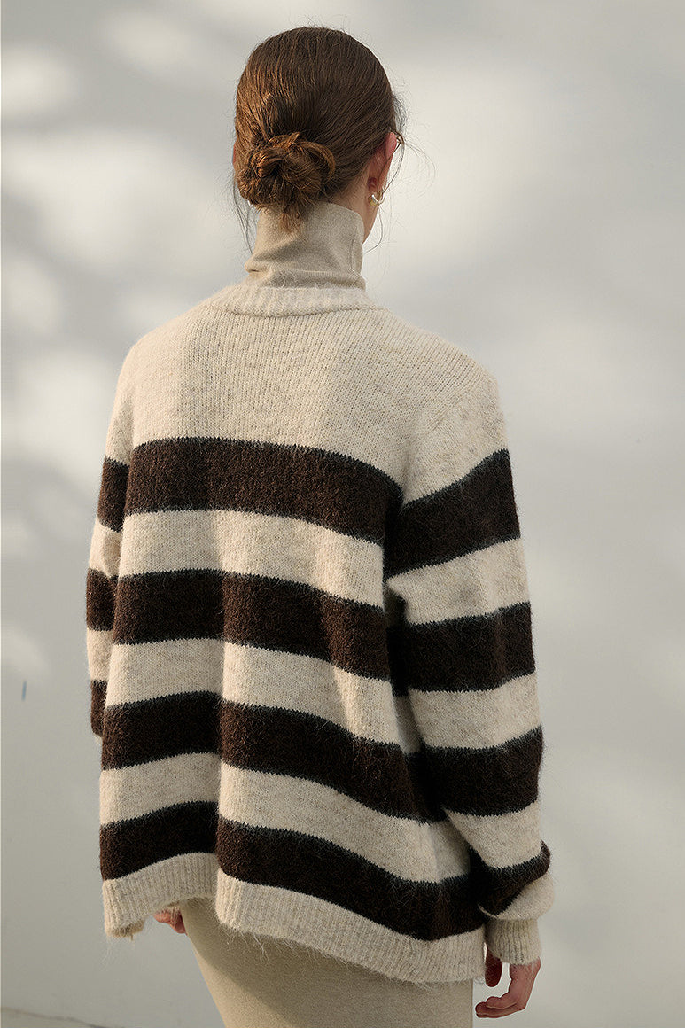 Oversized Stripe Color Block V Neck Knit Cardigan