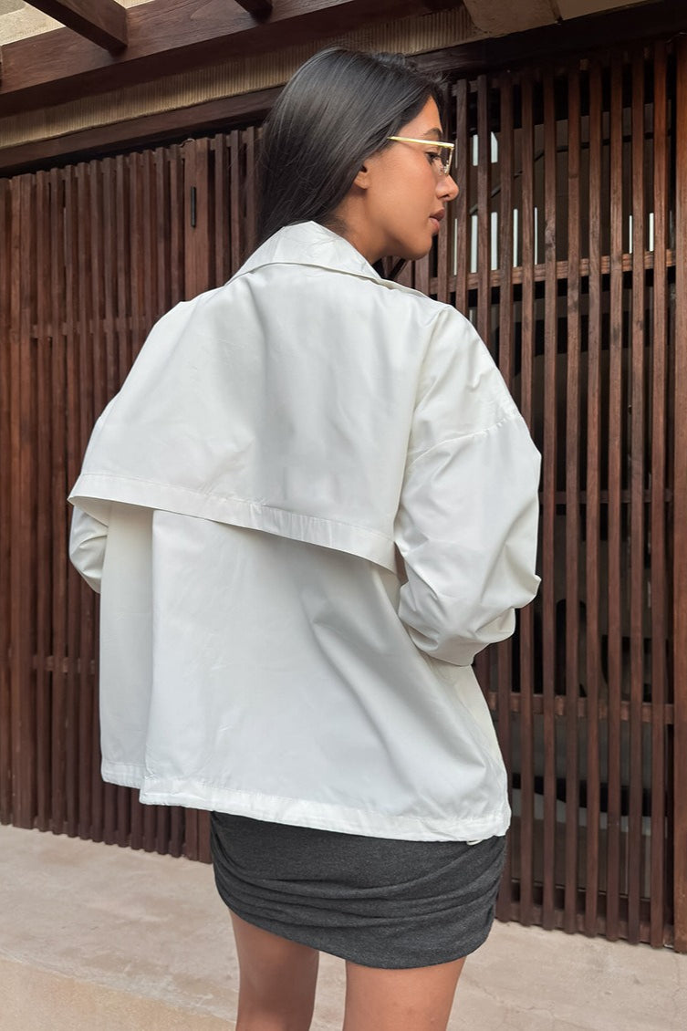 White Stand Collar Long Sleeve Loose Slim Casual Jacket
