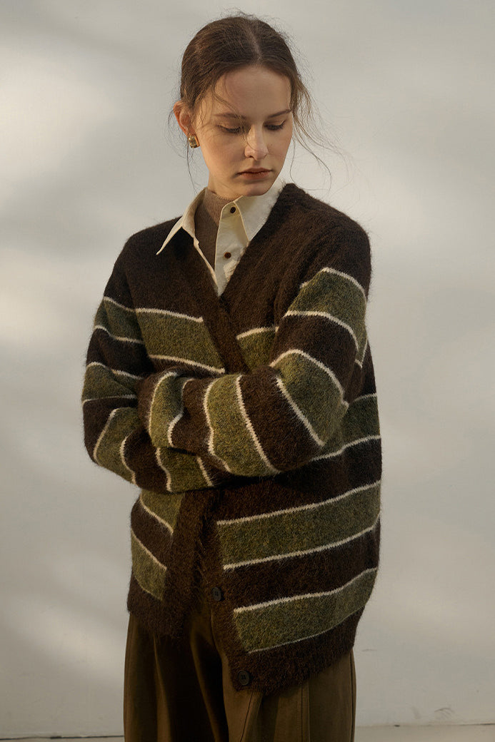 Oversized Stripe Color Block V Neck Knit Cardigan