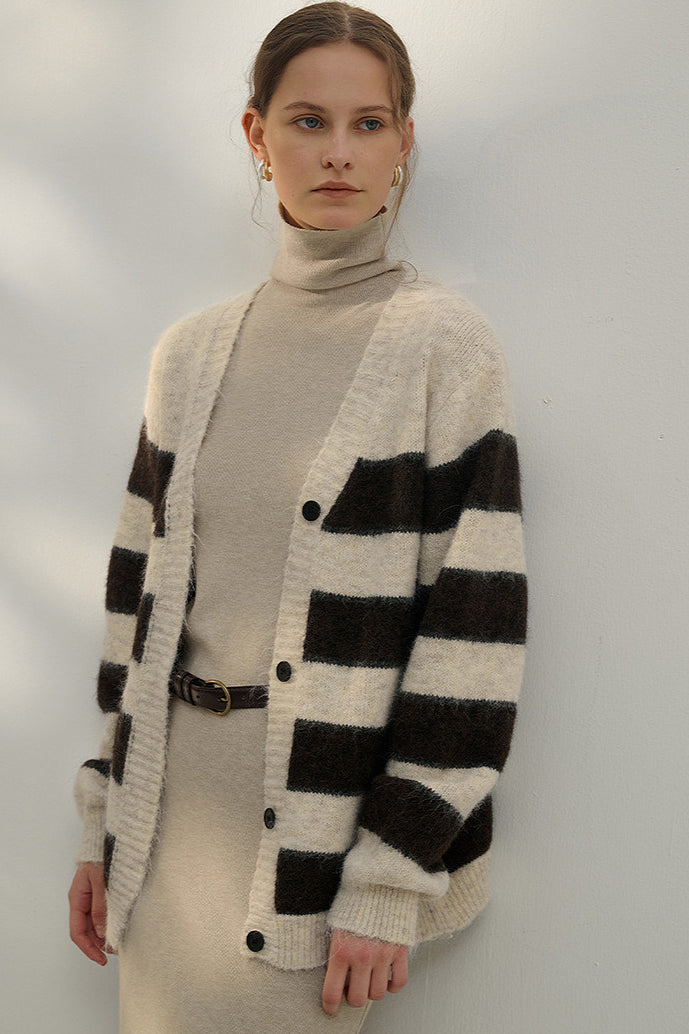 Oversized Stripe Color Block V Neck Knit Cardigan