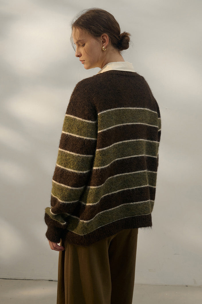 Oversized Stripe Color Block V Neck Knit Cardigan